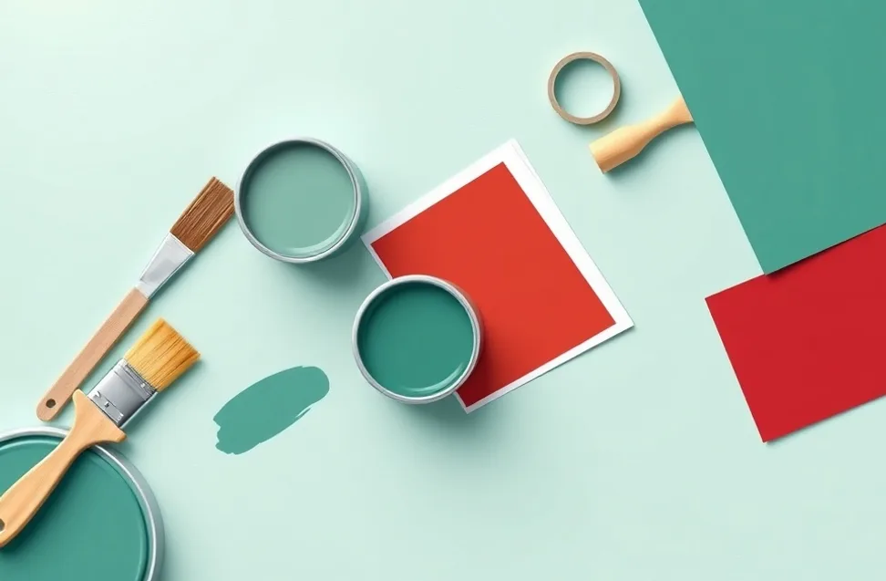 Pots de peinture, nuancier, brosses et rouleaux disposés à plat