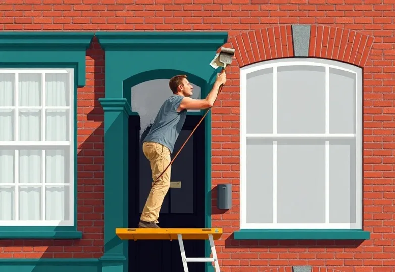 Peintre sur échafaudage traitant la façade d'une maison