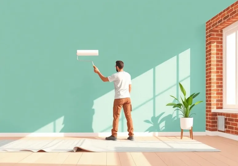 Peintre appliquant la peinture au rouleau sur un mur de salon